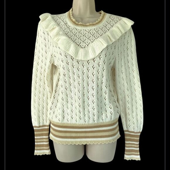 Anthro. Broadway 38 Pointelle Coquet Sweater L ivory ruffle neck - Picture 2 of 5